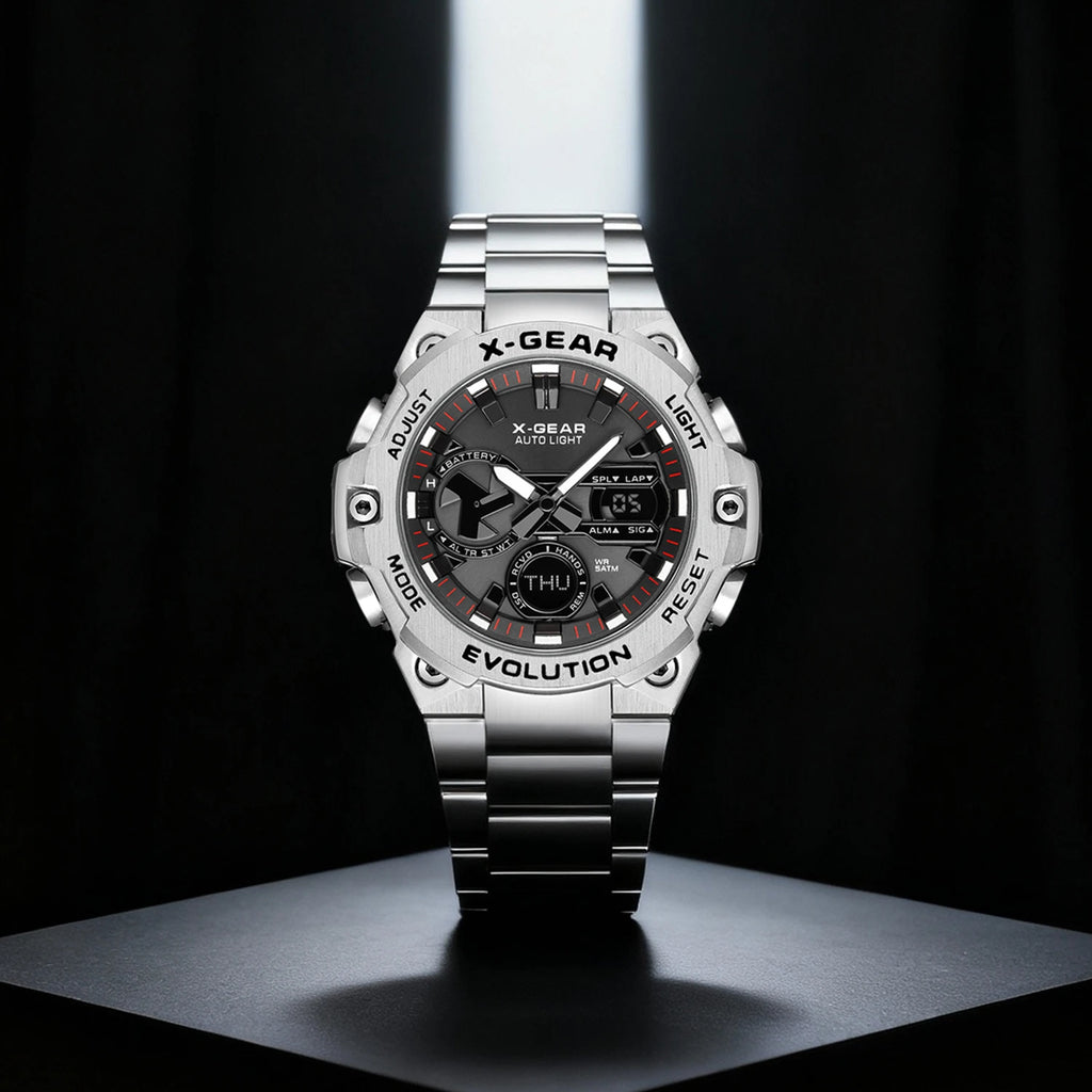 Men's watch, long-lasting battery, with timer and alarm functions, rotating windmill design, stainless steel strap
