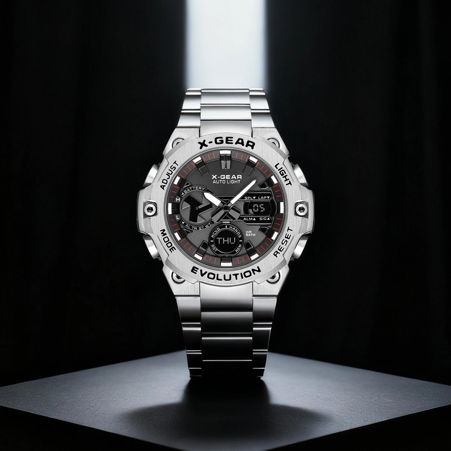 Men's watch, long-lasting battery, with timer and alarm functions, rotating windmill design, stainless steel strap