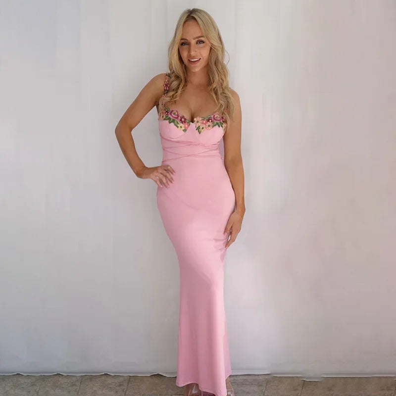 Y2K Sexy Sleeveless Backless Floral Maxi Long Dresses Outfits for Women Summer Lace Up Bandage Bodycon Party Club Dress Gift