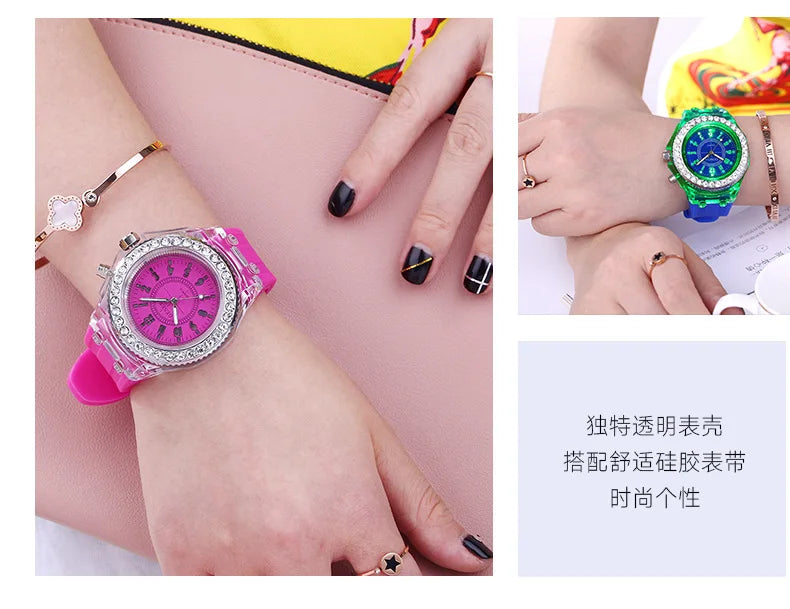 LED Light Flash Luminous Watches Women Men Boys Girls Silicone Wrist Watch Fashion Rhinestone Clock Kids Children Relogio Saati