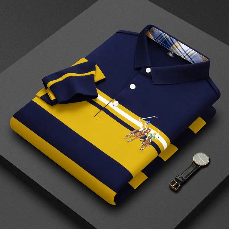 Polo Shirt Man Long Sleeve Cotton Casual Striped Polo Shirt Men Fashion Lapel Button Shirt Embroidery High Quality Breathable