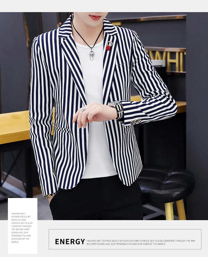 Mens Blazer Jacket 2022 New Suit Male Casual Korean Style Trendy Slim Striped Student Small Suit Jacket Hair Stylist Single Top