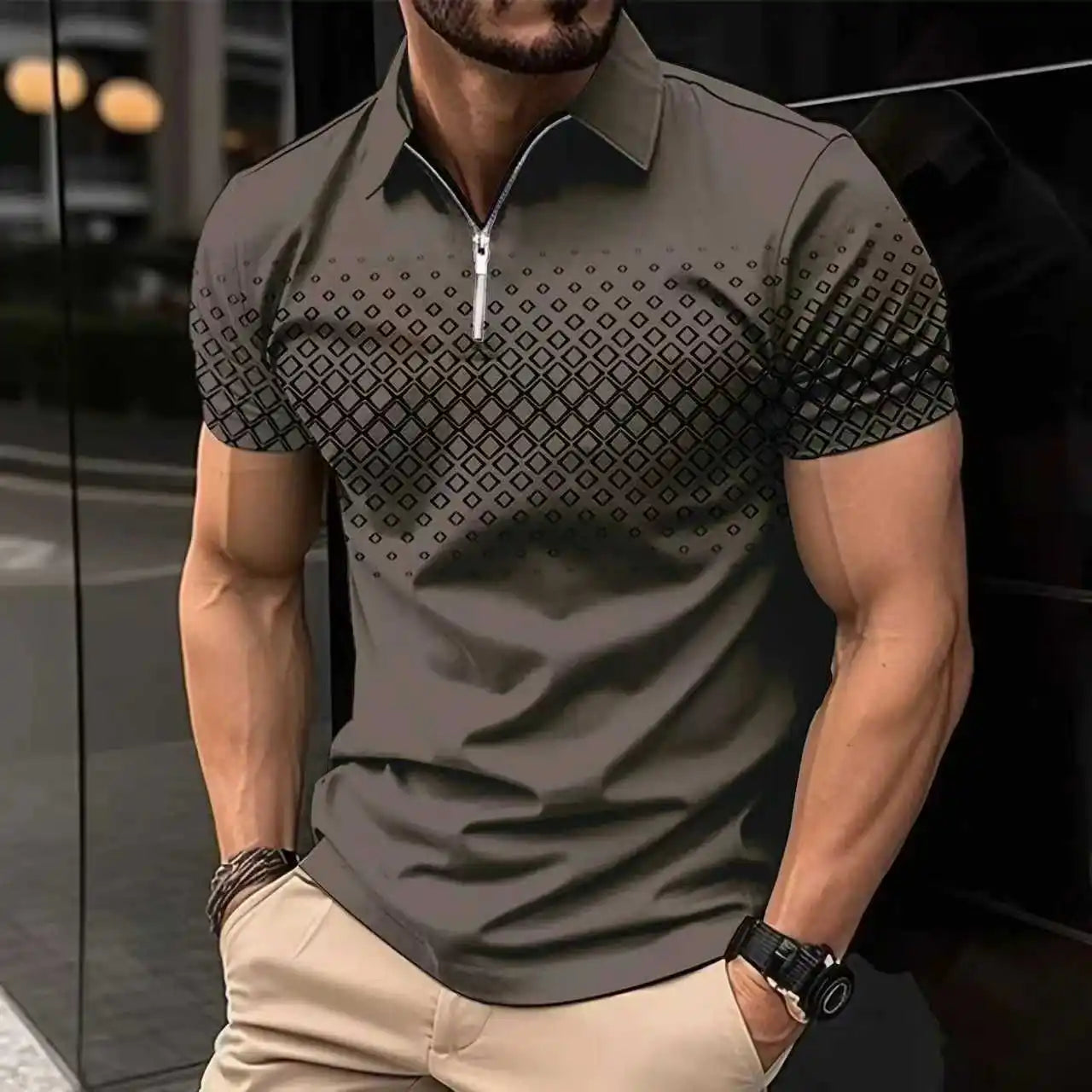 Men'S Polo Shirt Plaid Print Zip Polo T-Shirt Summer Short Sleeve Daily Casual Golf Shirt High Quality Tops Fashion Men Clothing
