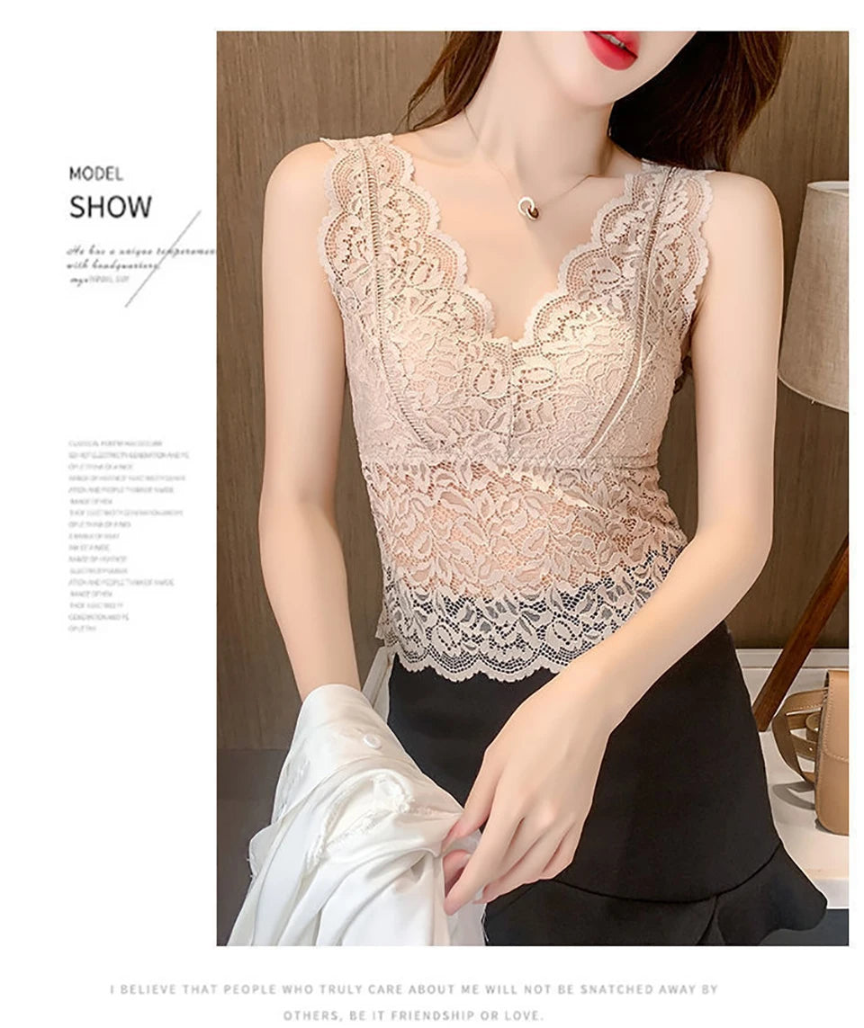 Summer Sexy Deep V Lace Vest With Breast PadsEmbroidery Floral Tank Top Wrapped Chest Camisole Padded Crop Tank Top For Women