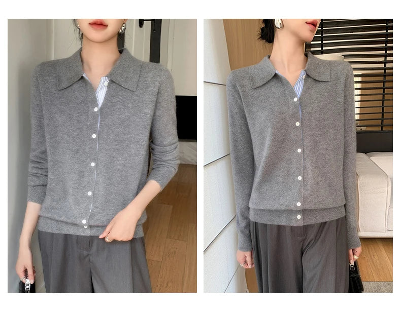 Women's Polo Collar Shirt Cardigan Merino Wool Sweater Long-sleeve Color Bar Clothing Spring Autumn Warm Knitwear Female Top