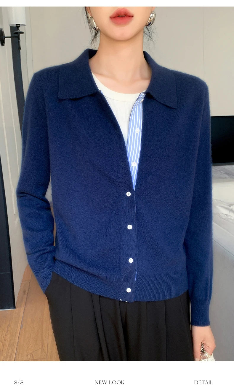 Women's Polo Collar Shirt Cardigan Merino Wool Sweater Long-sleeve Color Bar Clothing Spring Autumn Warm Knitwear Female Top