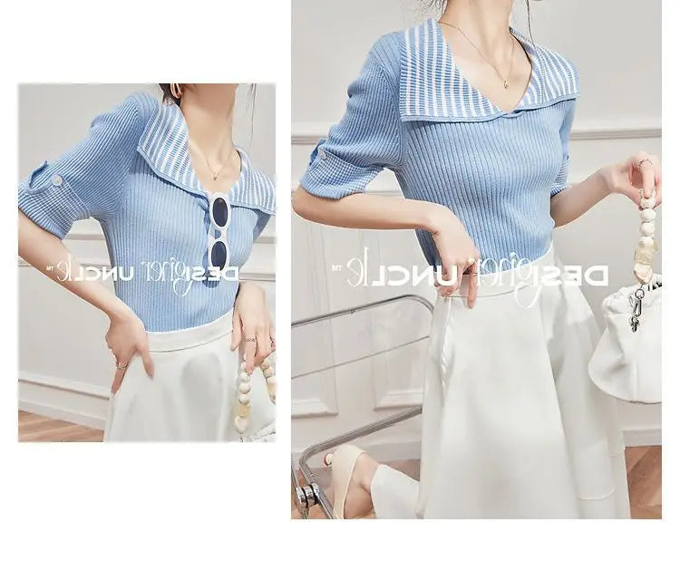 Women's T Shirts Polo Neck Shirt Top Short Sleeve Tee Clothes White Striped Cute Offer Premium With Collar Polyester Sale