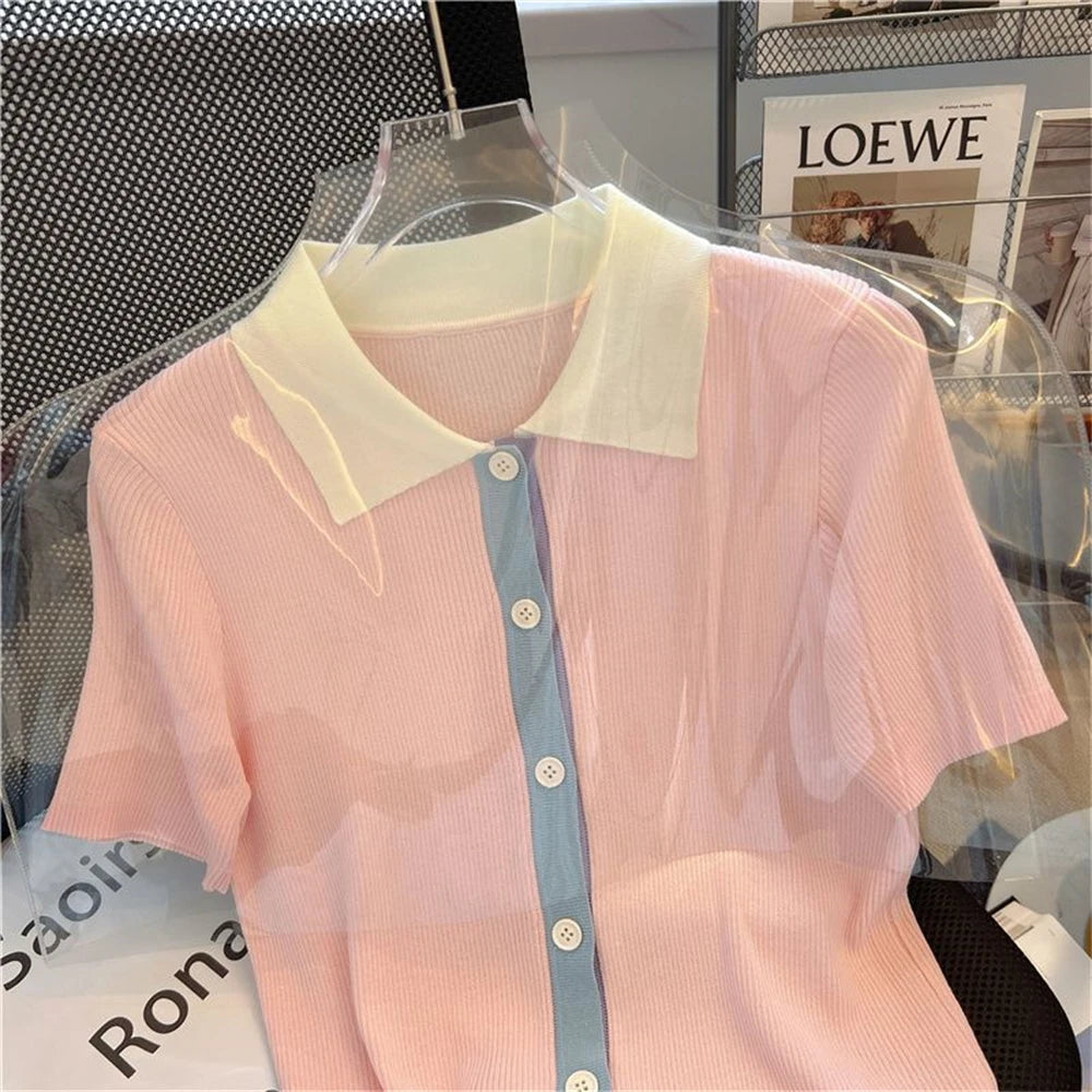 POLO collar short sleeved knitted shirt for women, summer color blocking versatile T-shirt, plus size slimming top