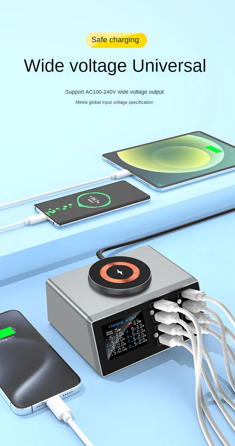 140W Multi-Port Charger with Digital Display, PD+QC, and Desktop Magnetic Wireless Charging for Phones and Laptops