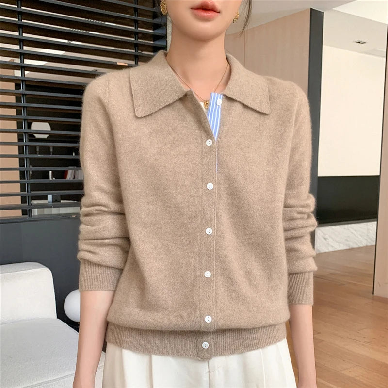 Women's Polo Collar Shirt Cardigan Merino Wool Sweater Long-sleeve Color Bar Clothing Spring Autumn Warm Knitwear Female Top