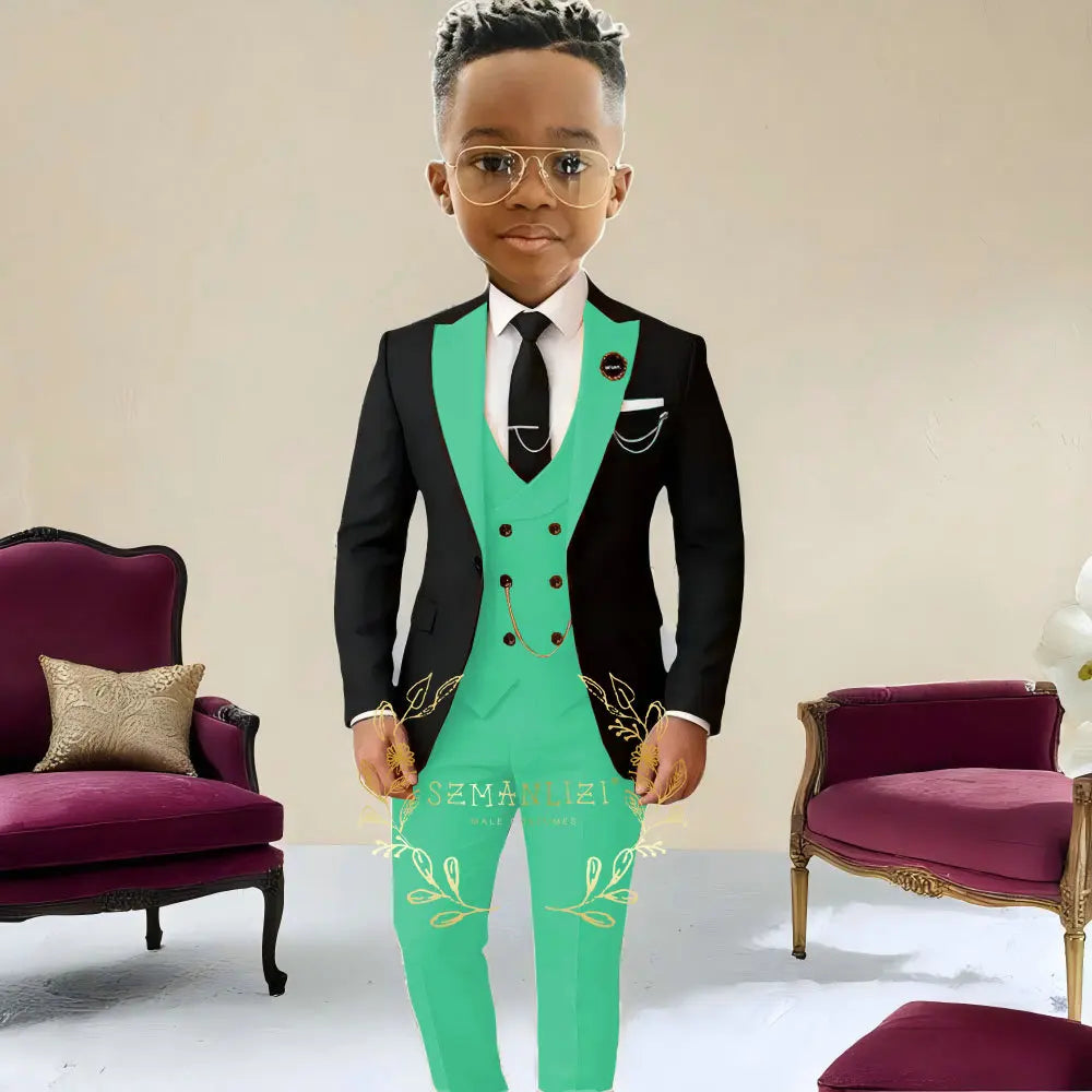 Boys Suit Wedding Tuxedo Black Jacket Beige Pants Vest 3 Pieces Set Kids 2-16 Years Old Child Formal Party Suits Clothes Blazer