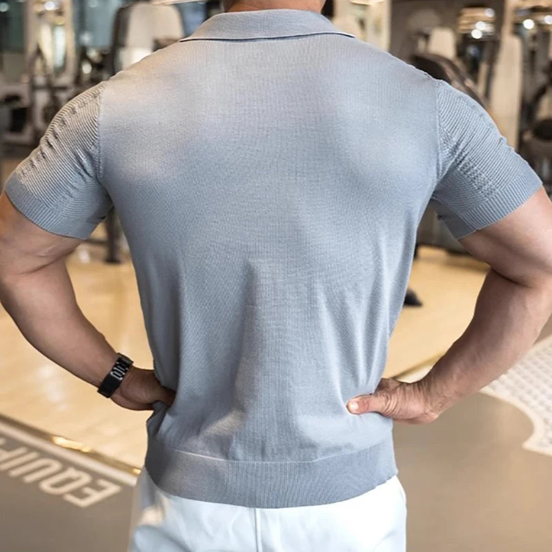 Men's Short Sleeved Knitted Polo Shirt Summer Business Lapel Stylish Solid Color Slim Fit Breathable Quick Drying Golf T-Shirt