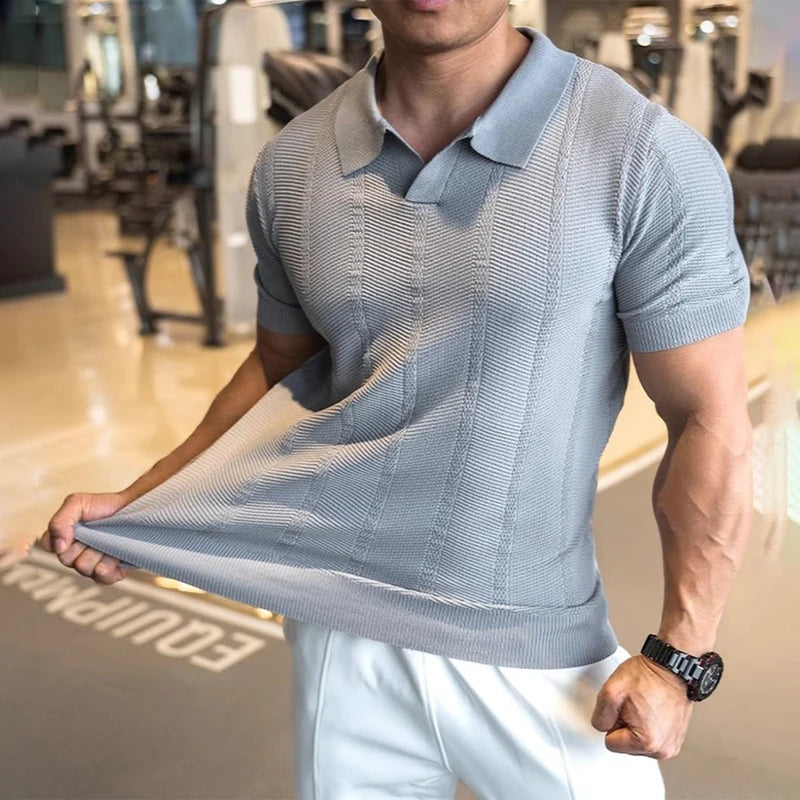 Men's Short Sleeved Knitted Polo Shirt Summer Business Lapel Stylish Solid Color Slim Fit Breathable Quick Drying Golf T-Shirt