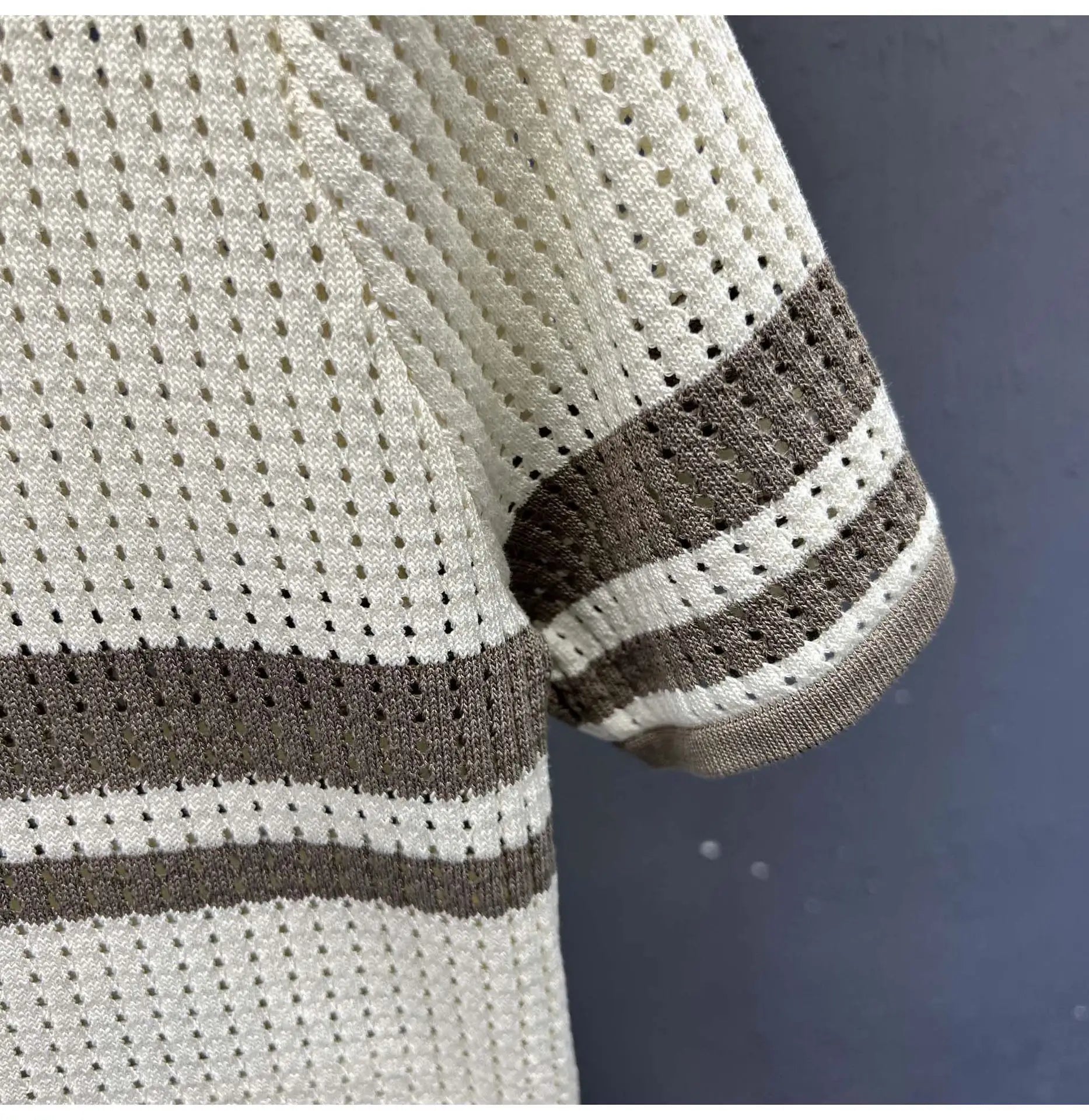 POLO Shirt Knitted Sweater Short-sleeved Men's Hollow Cardigan Striped Old Money Wind Casual T-shirt Summer Men Clothing