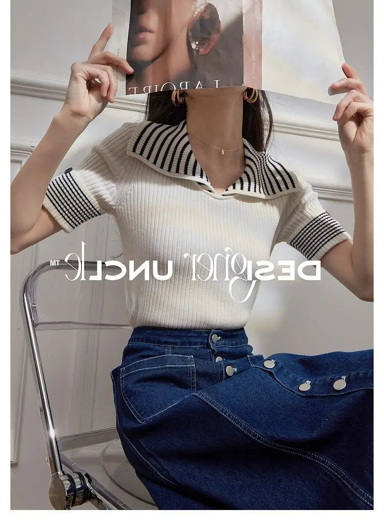 Women's T Shirts Polo Neck Shirt Top Short Sleeve Tee Clothes White Striped Cute Offer Premium With Collar Polyester Sale