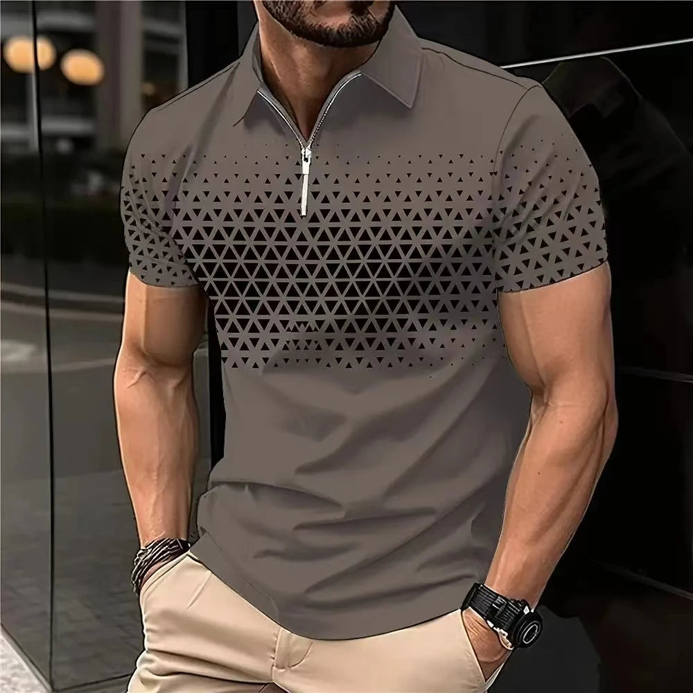 Men'S Polo Shirt Plaid Print Zip Polo T-Shirt Summer Short Sleeve Daily Casual Golf Shirt High Quality Tops Fashion Men Clothing