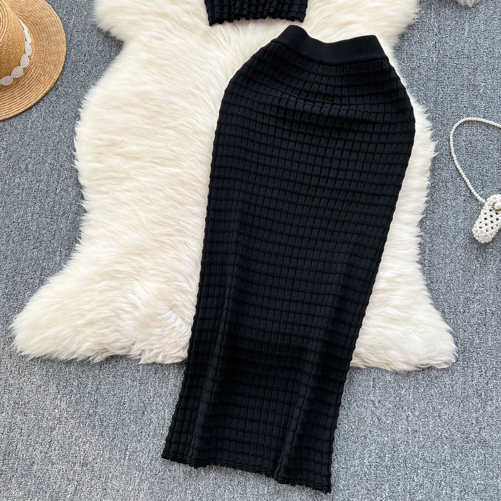 Summer Women Fashion Skirt Set Sexy Sleeveless Tank Tops High Waist Slim Long Saya Female Two Piece Suits Knit Solid Clothes