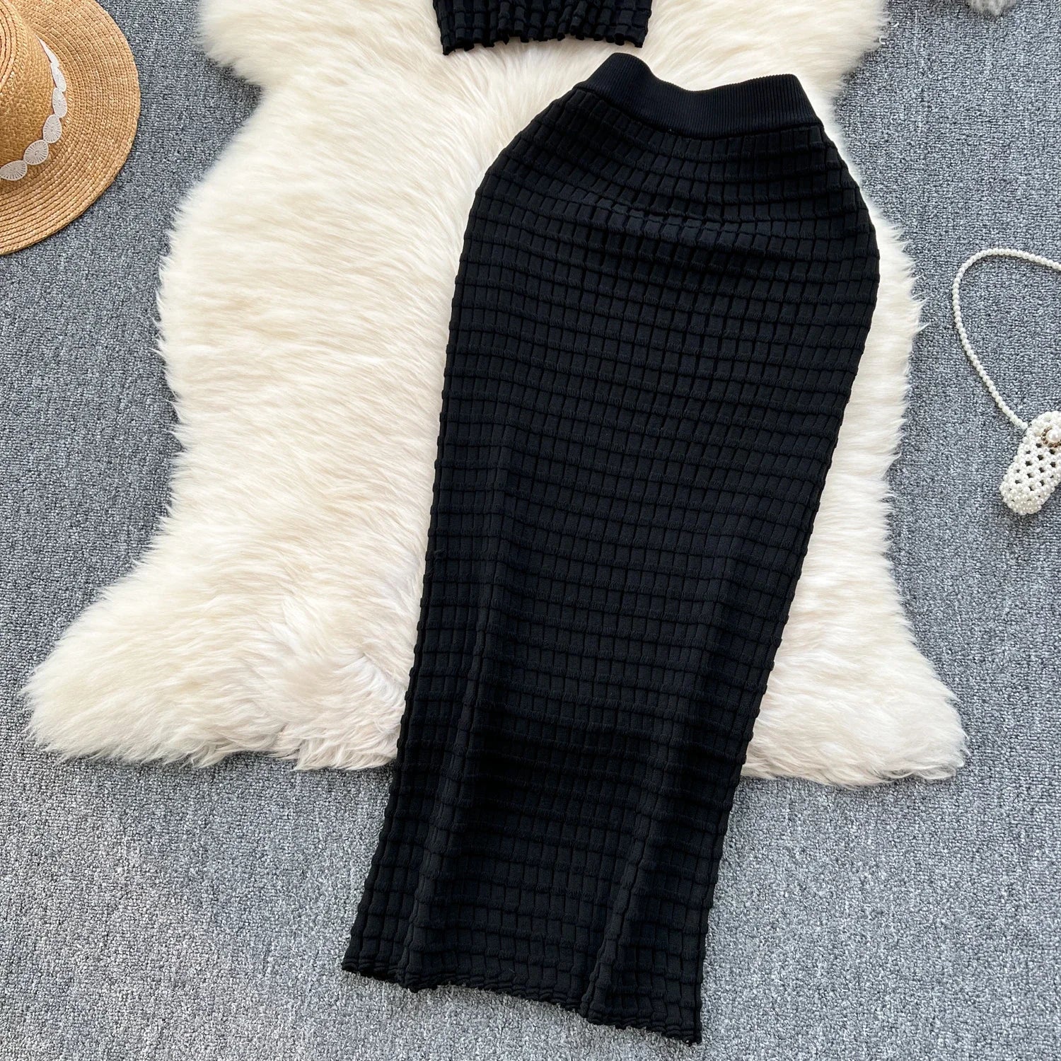 Summer Women Fashion Skirt Set Sexy Sleeveless Tank Tops High Waist Slim Long Saya Female Two Piece Suits Knit Solid Clothes