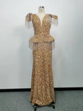 Party Dress Women Spring Autumn Sexy Tassel Sequin Sleeveless O-neck Slim Banquet Dinner Ladies Long Cloth Lugentolo