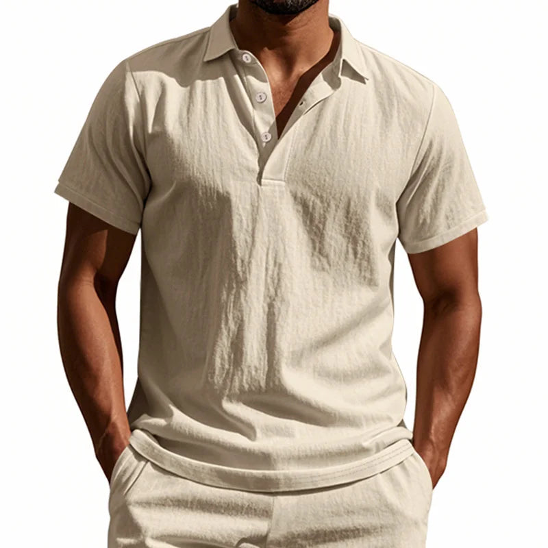 High-Quality Cotton Linen Short-Sleeved POLO Shirt Men Casual Loose Comfortable Shirt summer tees Button turn-down collar tops
