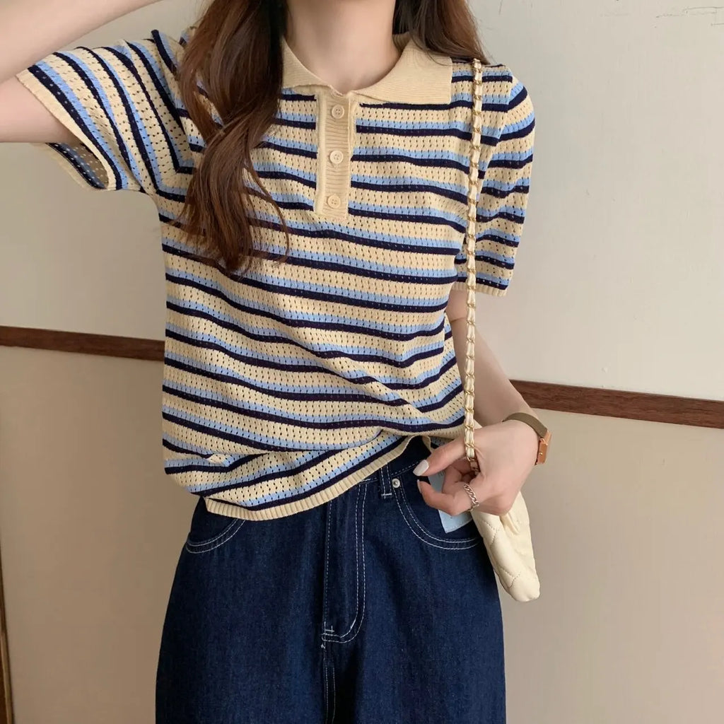 Striped Short Sleeve Polo Sweater Women Pointelle Knit Polo Shirt with Collar Buttons Crop Top Schoolgirl Preppy Style Summer