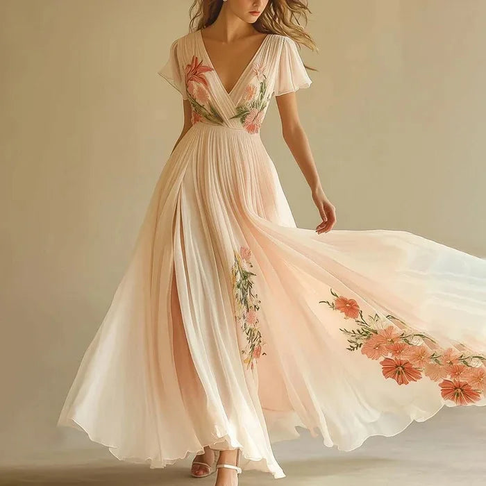 Lady Chic Floral Print Evening Party Dress Gown Women Elegant Short Sleeve High Waist V-neck Party Dresses 2025 Women Holiday