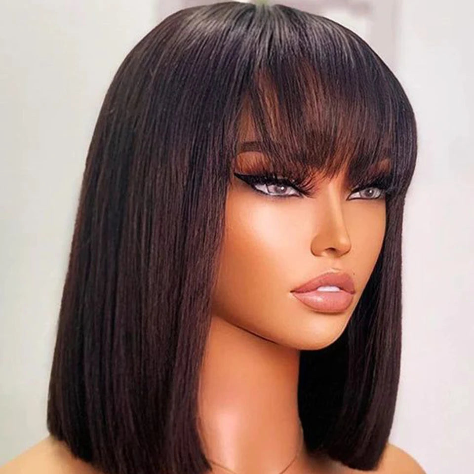 Brazilian Hair Reddish Brown color#33A Short Cut Straight Bob with Bangs 100% Human Hair Bob Wigs Real Scalp Straight Bob Wig