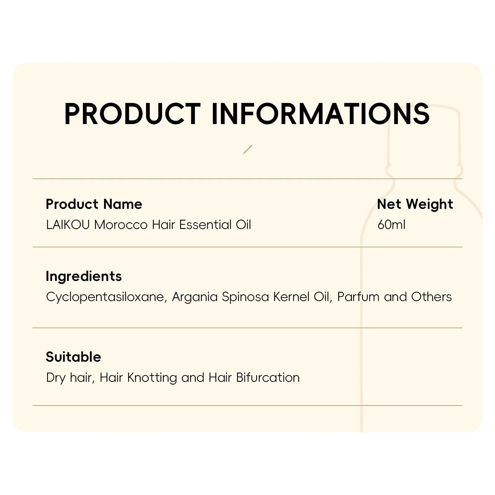 LAIKOU Morocco Hair Essential Argan Essence Oil Moisturizer Brightening Smooth Nourishing Repair Dry Damaged Hair 60ml