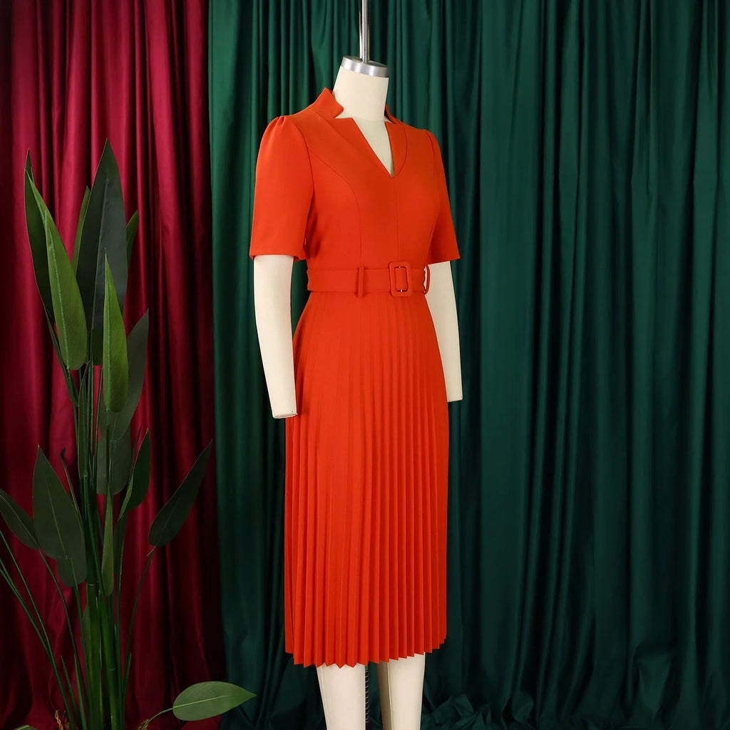 Fashion Ladies Birthday Party Dinner Night Dress New Elegant Pleated Dresses For Women V Neck Short Sleeve Belt Waisted Mid Calf