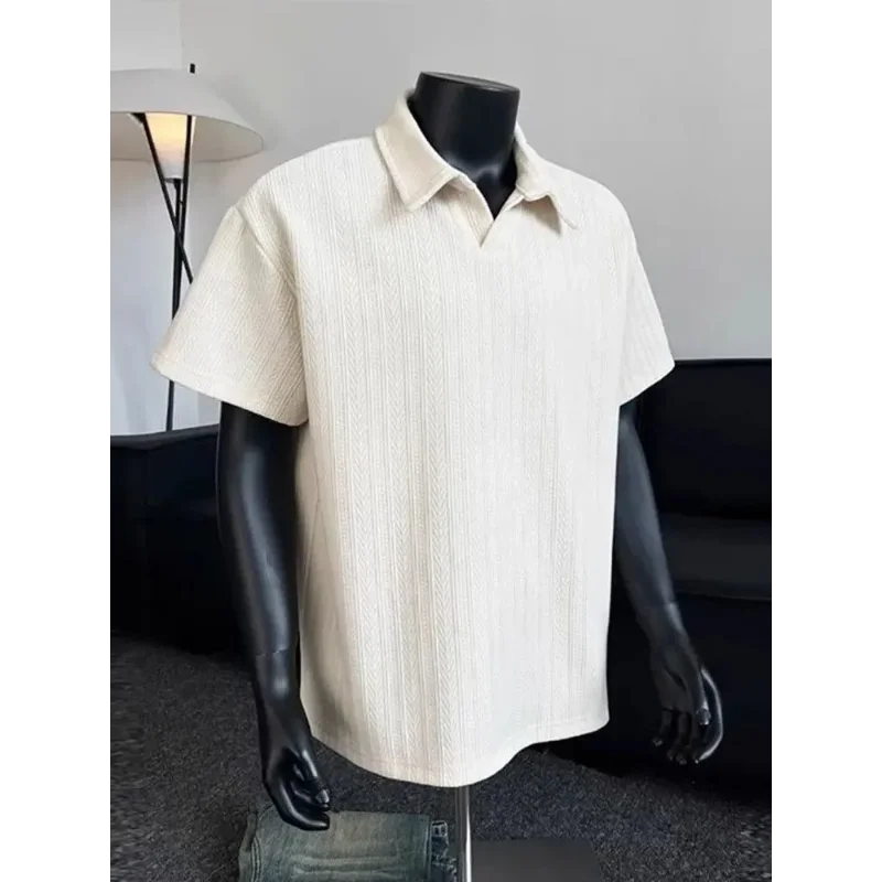 Men Short Sleeve Polo Shirt Herringbone Rib Knit Oversized Casual Top