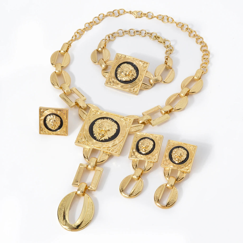 Gold Plated Jewelry Set  For Women African Indian Dubai Wedding Jewellery Luxury Choker Necklace Bracelet Earring Cuff Rings