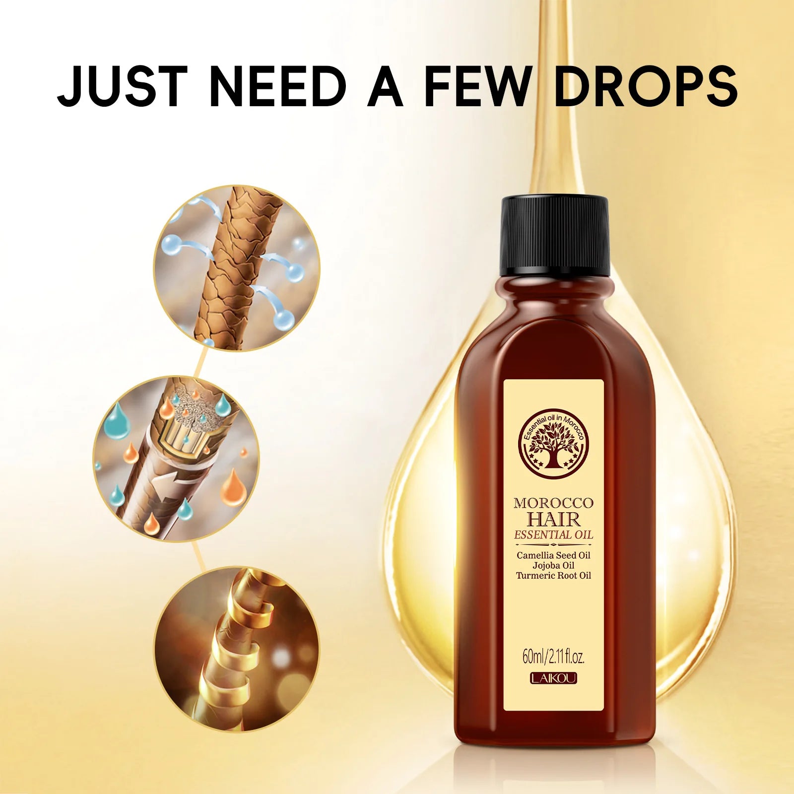 LAIKOU Morocco Hair Essential Argan Essence Oil Moisturizer Brightening Smooth Nourishing Repair Dry Damaged Hair 60ml