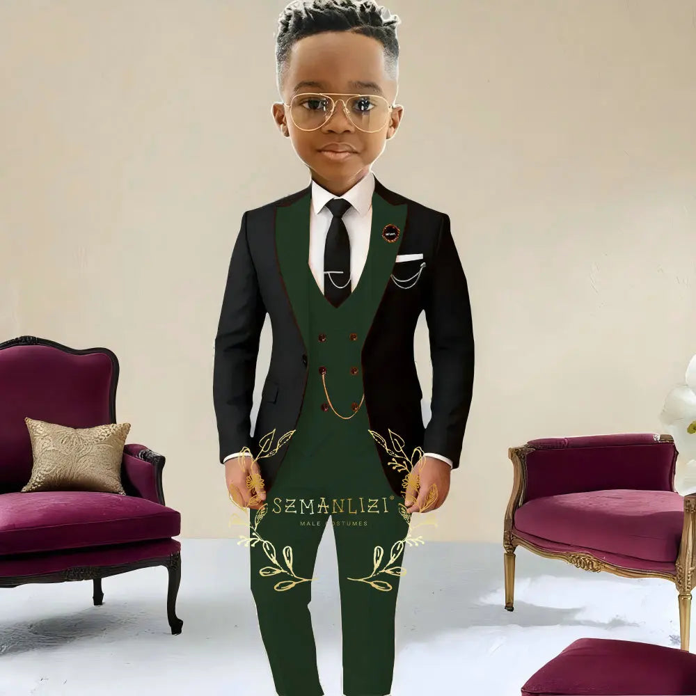 Boys Suit Wedding Tuxedo Black Jacket Beige Pants Vest 3 Pieces Set Kids 2-16 Years Old Child Formal Party Suits Clothes Blazer