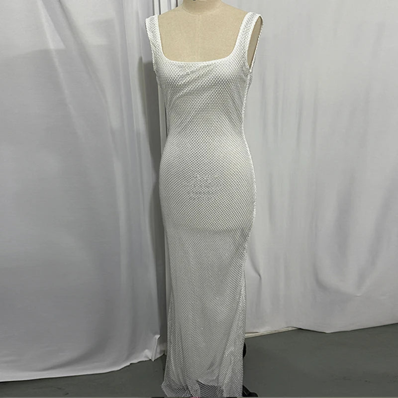 Giyu Sexy Sequined Mesh Diamond Club Evening Party Dresses Women 2025 Summer Autumn Sleeveless Backless Bodycon Maxi Long Dress