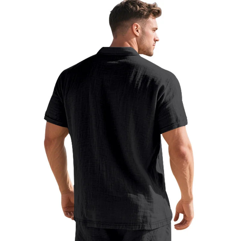 High-Quality Cotton Linen Short-Sleeved POLO Shirt Men Casual Loose Comfortable Shirt summer tees Button turn-down collar tops