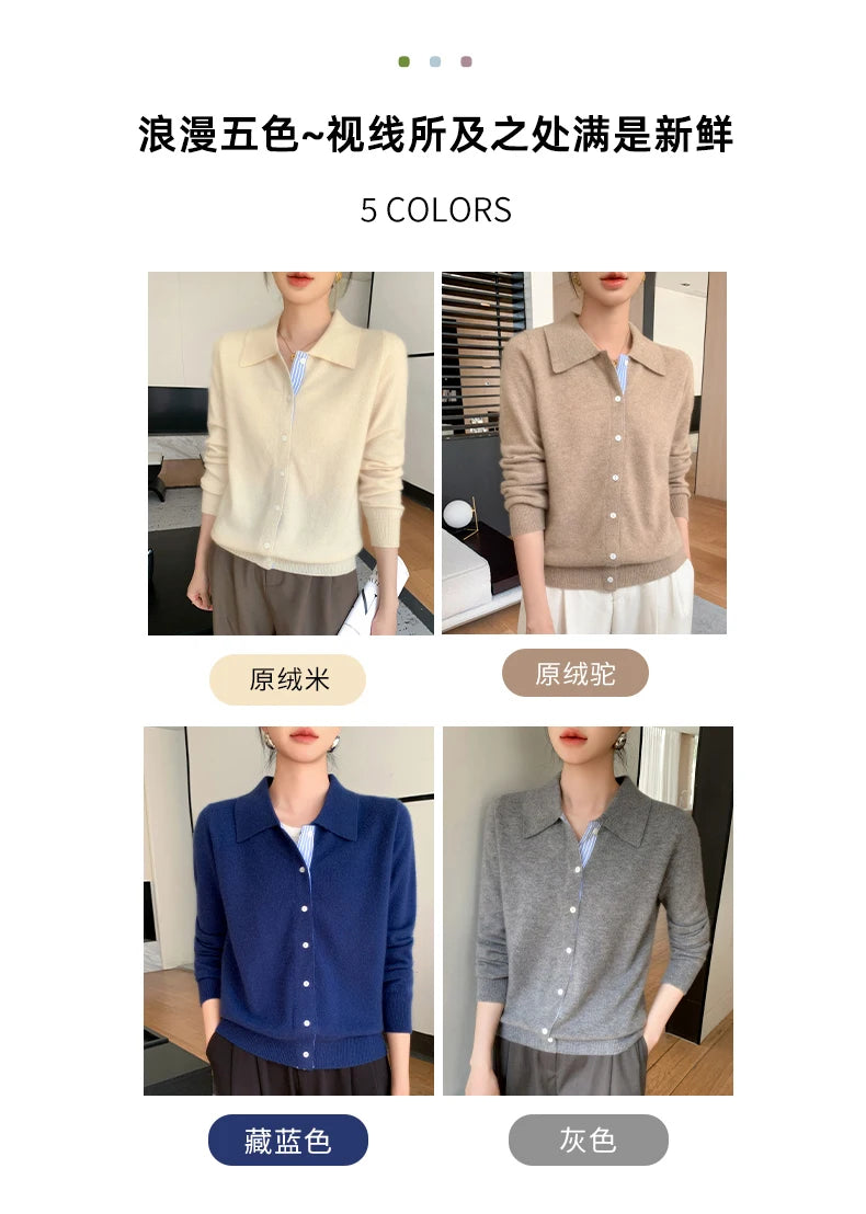 Women's Polo Collar Shirt Cardigan Merino Wool Sweater Long-sleeve Color Bar Clothing Spring Autumn Warm Knitwear Female Top