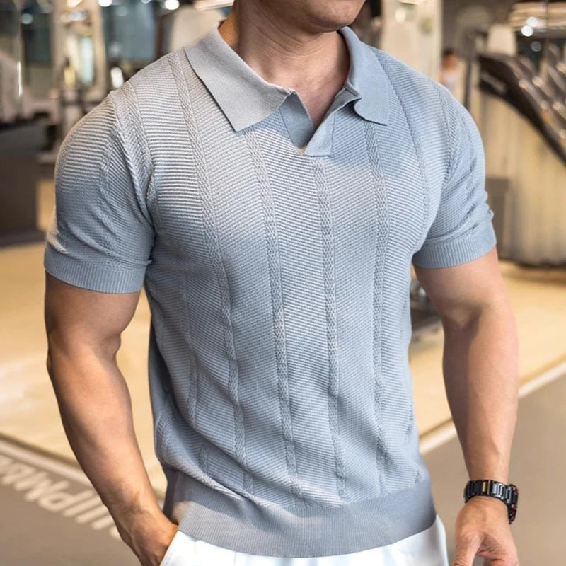 Men's Short Sleeved Knitted Polo Shirt Summer Business Lapel Stylish Solid Color Slim Fit Breathable Quick Drying Golf T-Shirt