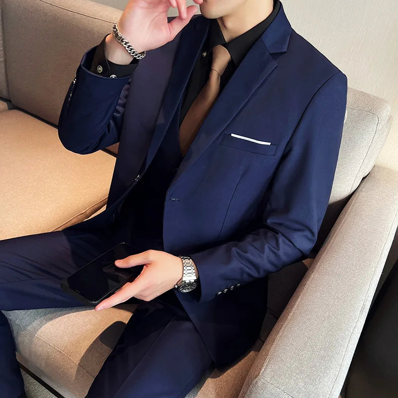 High quality fashion business casual (suit + vest + trousers) British style European and American wedding dress three-piece set