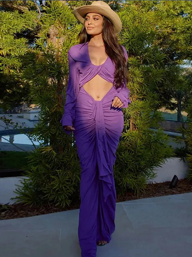 Purple Cut Out Long Dresses Knot Party Lady Evening Robes Hollow Out Sexy Long Sleeved V-Neck Exposed Belly Women Wrap Hip Dress