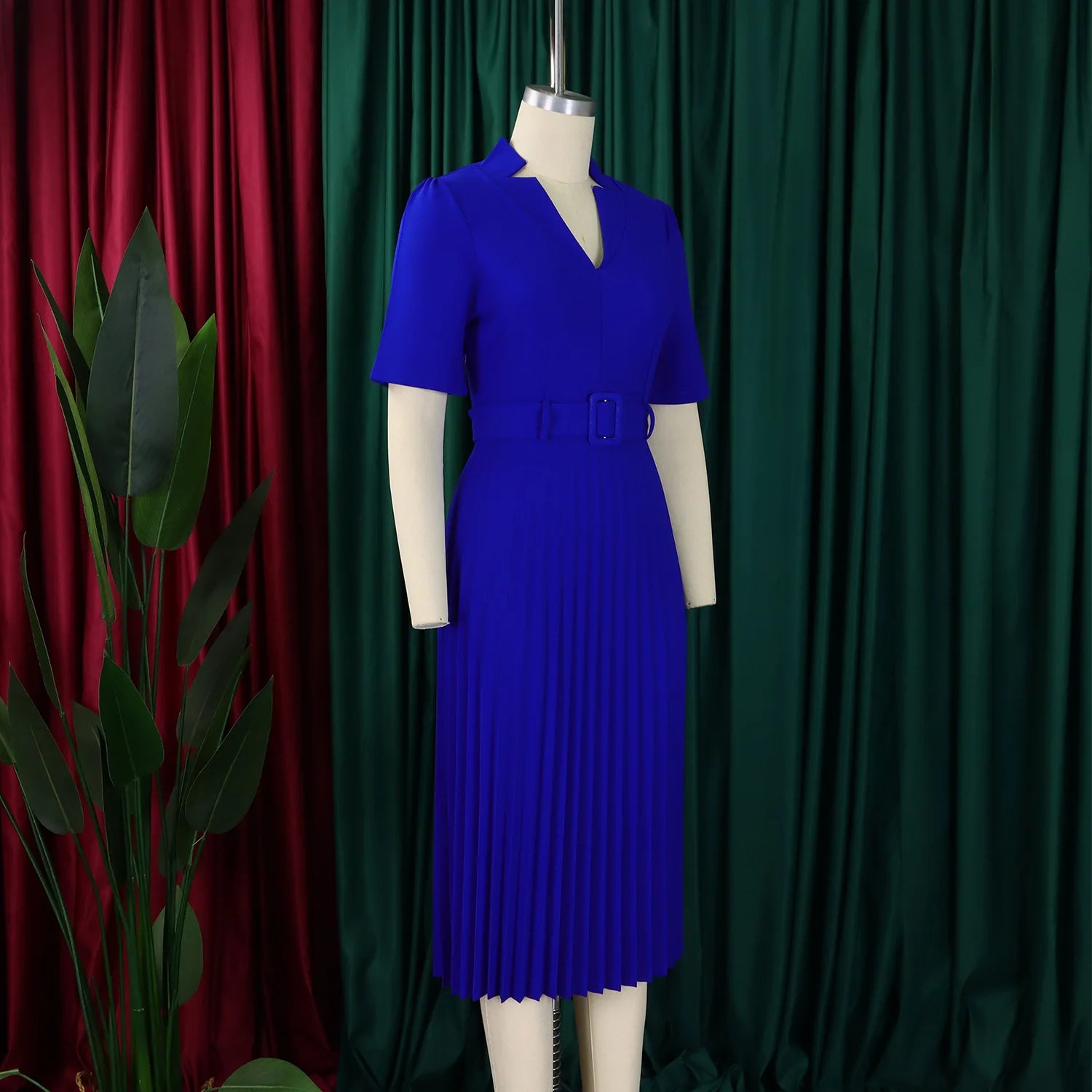 Fashion Ladies Birthday Party Dinner Night Dress New Elegant Pleated Dresses For Women V Neck Short Sleeve Belt Waisted Mid Calf