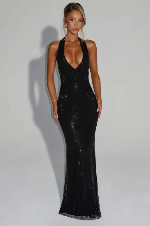 Giyu Sexy Sequined Mesh Diamond Club Evening Party Dresses Women 2025 Summer Autumn Sleeveless Backless Bodycon Maxi Long Dress