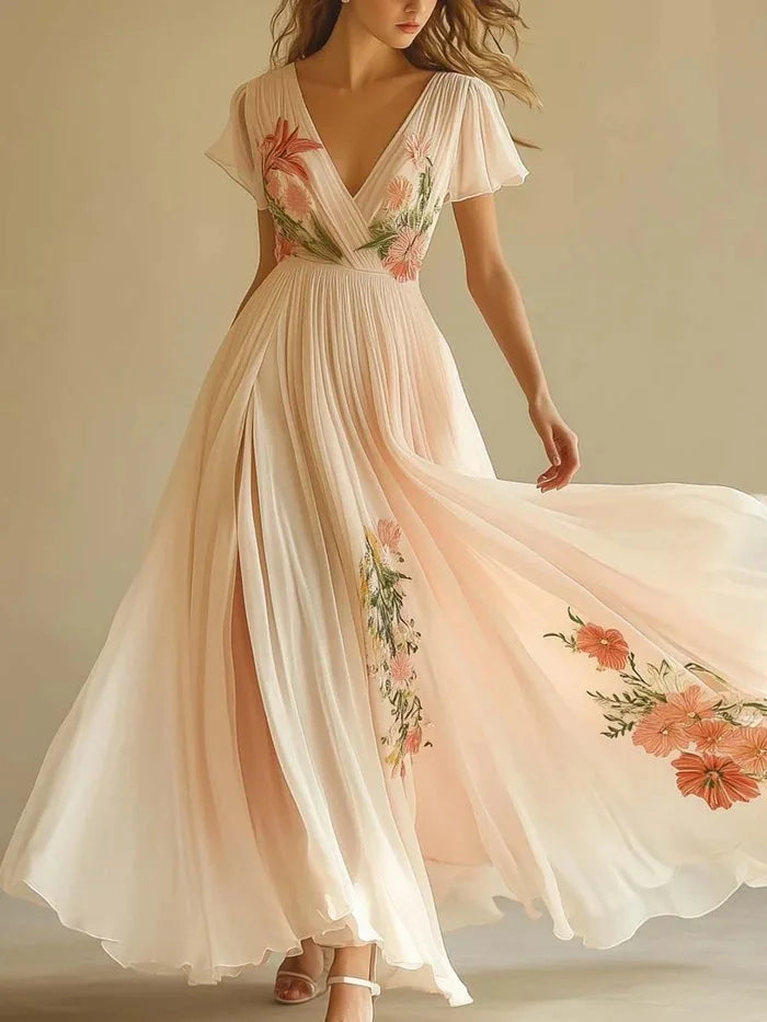 Lady Chic Floral Print Evening Party Dress Gown Women Elegant Short Sleeve High Waist V-neck Party Dresses 2025 Women Holiday