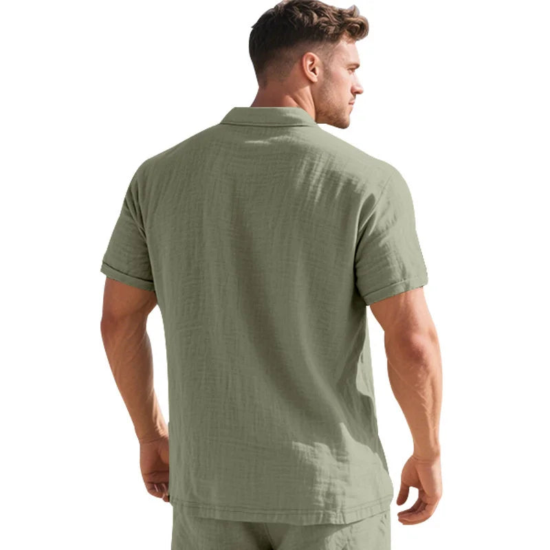 High-Quality Cotton Linen Short-Sleeved POLO Shirt Men Casual Loose Comfortable Shirt summer tees Button turn-down collar tops