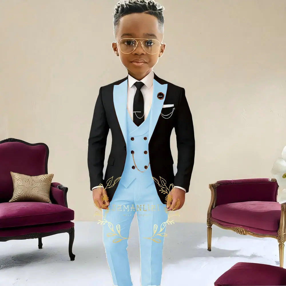 Boys Suit Wedding Tuxedo Black Jacket Beige Pants Vest 3 Pieces Set Kids 2-16 Years Old Child Formal Party Suits Clothes Blazer