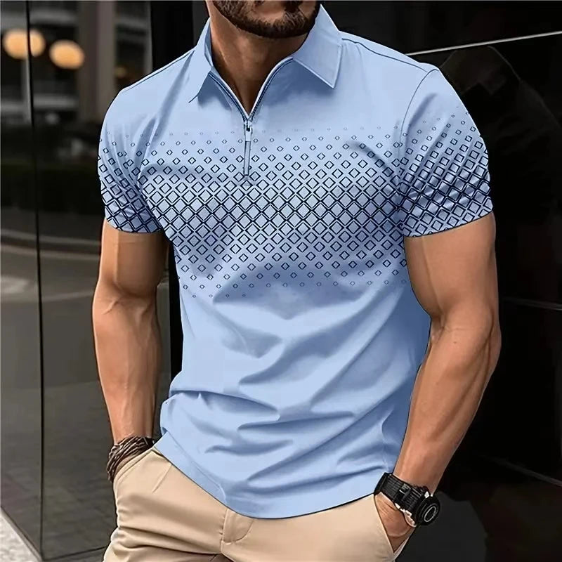 Men'S Polo Shirt Plaid Print Zip Polo T-Shirt Summer Short Sleeve Daily Casual Golf Shirt High Quality Tops Fashion Men Clothing