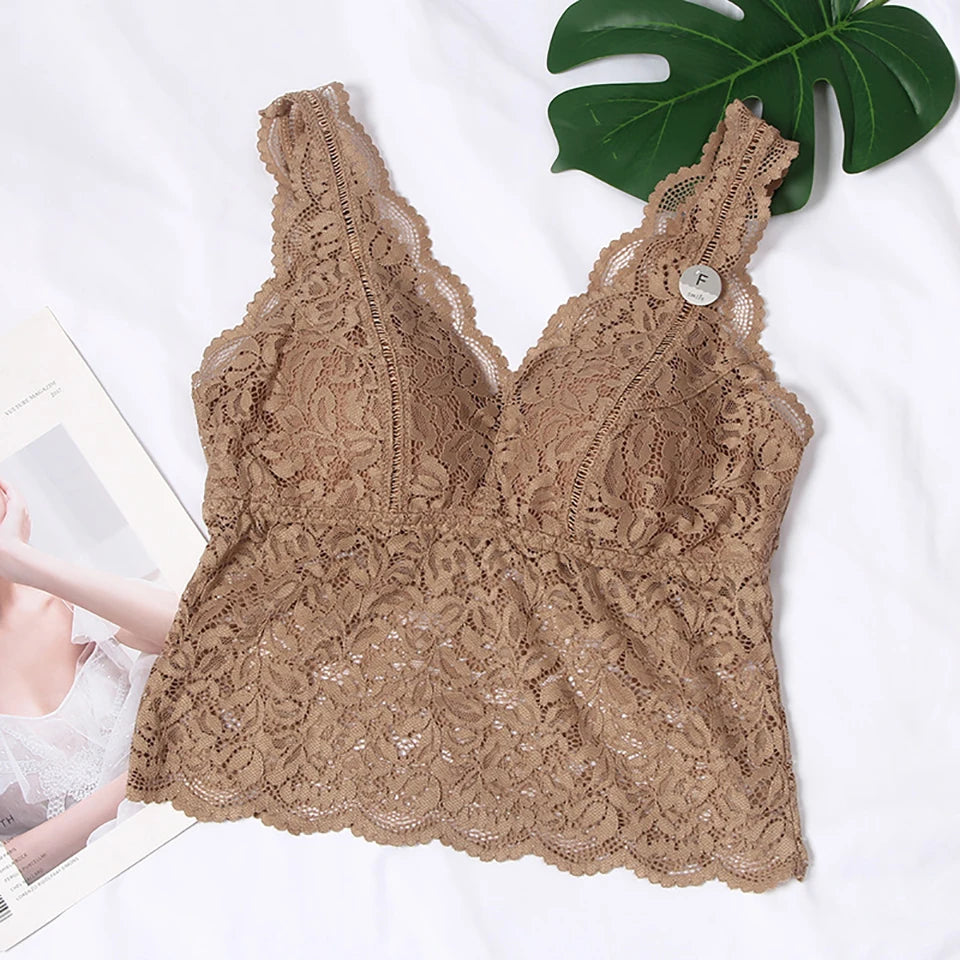Summer Sexy Deep V Lace Vest With Breast PadsEmbroidery Floral Tank Top Wrapped Chest Camisole Padded Crop Tank Top For Women
