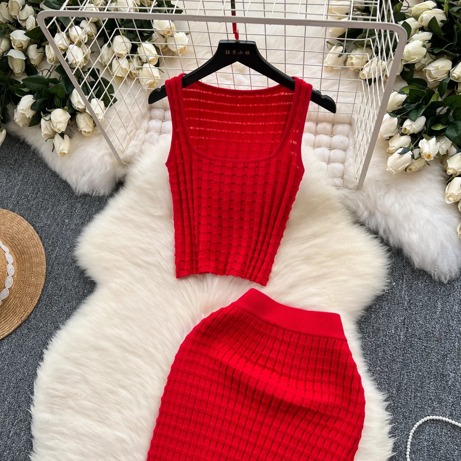 Summer Women Fashion Skirt Set Sexy Sleeveless Tank Tops High Waist Slim Long Saya Female Two Piece Suits Knit Solid Clothes