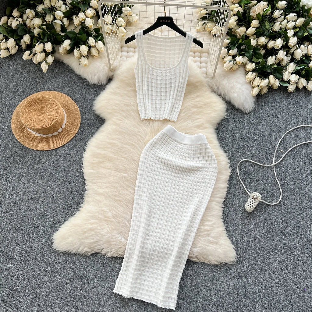 Summer Women Fashion Skirt Set Sexy Sleeveless Tank Tops High Waist Slim Long Saya Female Two Piece Suits Knit Solid Clothes