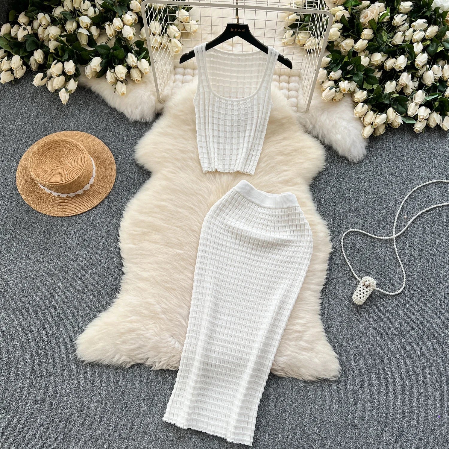 Summer Women Fashion Skirt Set Sexy Sleeveless Tank Tops High Waist Slim Long Saya Female Two Piece Suits Knit Solid Clothes