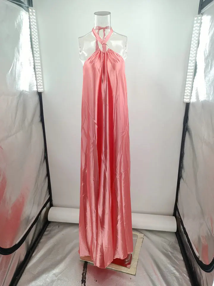 Party Dresses For Women Loose Halter Neck Leace-up Backless Sexy Satin Evening Dress A-line Summer New Fashion Elegant Vacation